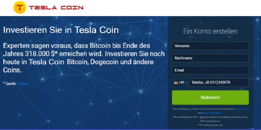 Registrieren Sie sich mit Tesla Coin